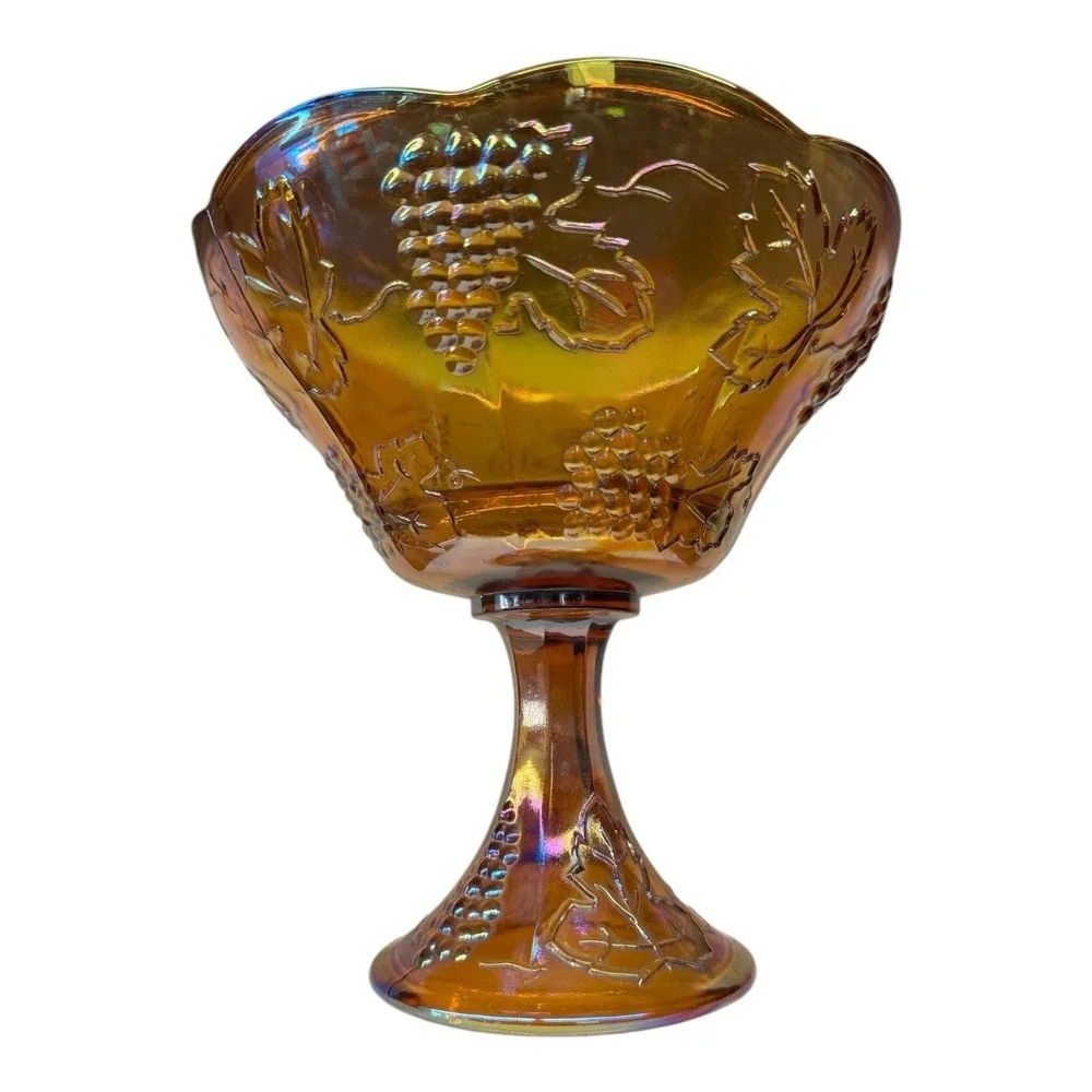 Indiana Glass Harvest Grape Compote Marigold Carnival Glass Wedding Bride's Bowl